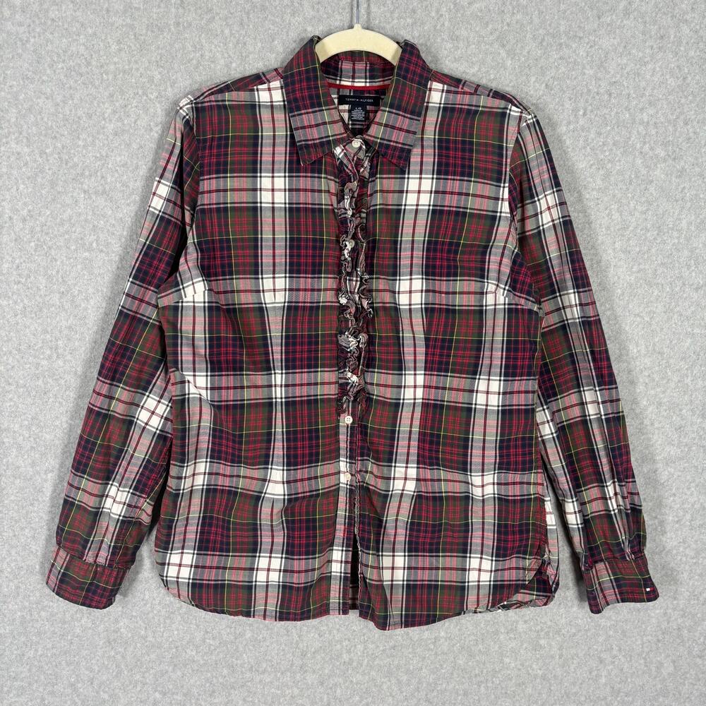 Tommy Hilfiger Shirt Womens Large Ruffle Tartan Plaid Button Cotton Long Sleeve